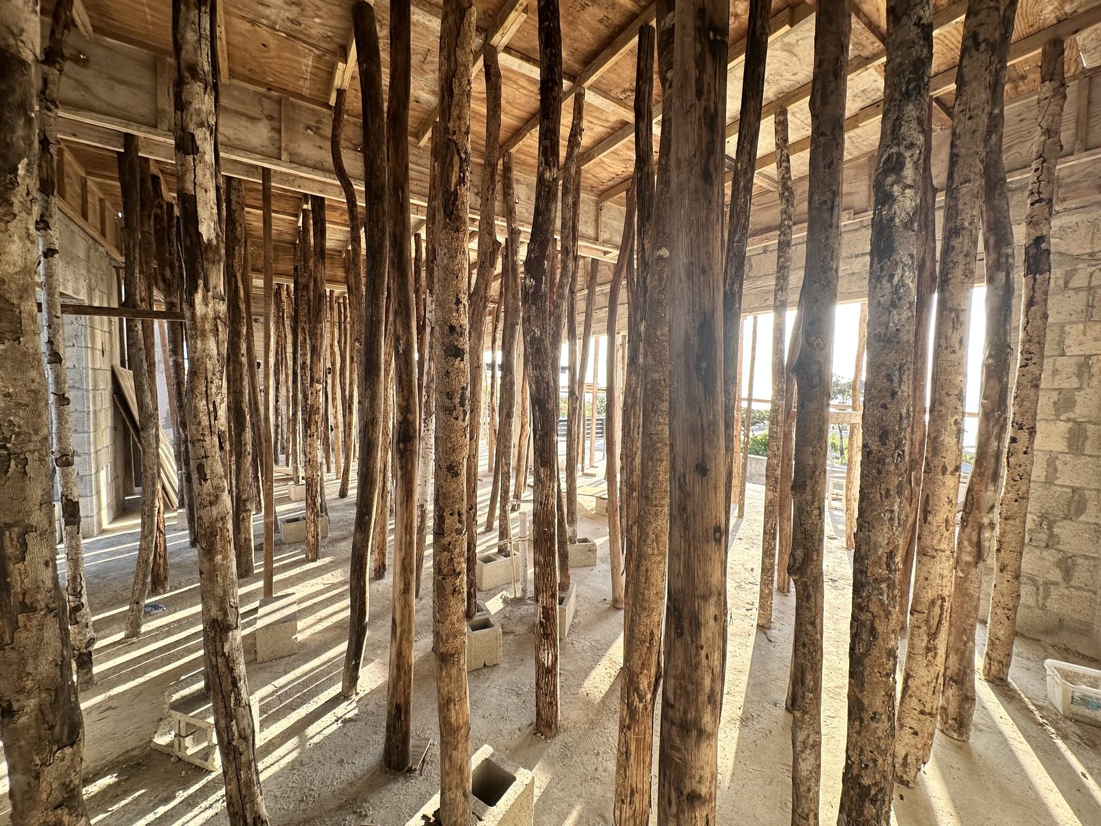 Hand-cut bushstick poles used as traditional local scaffolding